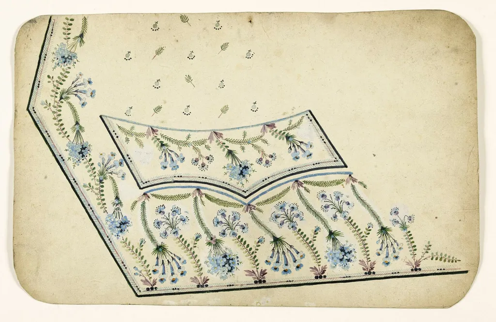 Composition en guirlandes de feuilles et de fleurs bleues, projets de broderies de gilet, XVIIIème siècle, by Anonyme, 1750