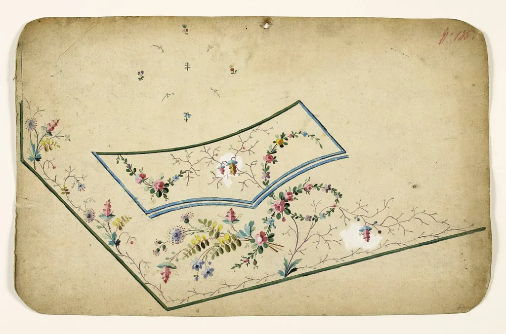 Composition florale avec guirlandes de branches et bandes bleues et vertes, projets de broderies de gilet, XVIIIème siècle, by Anonyme, 1750