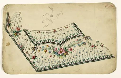 Composition florale de chardons bleus, frises de perles violettes, guirlandes de fleurs et d'insectes volants, projets de broderies de gilet, XVIIIème siècle, by Anonyme