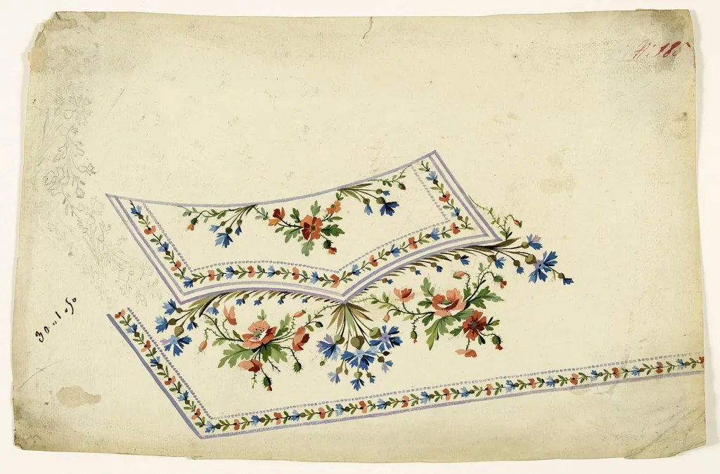 Composition florale de coquelicots et fleurs sauvages bleues, guirlandes de fleurs et frises de perles mauves, projets de broderies de gilet, XVIIIème siècle, by Anonyme, 1750