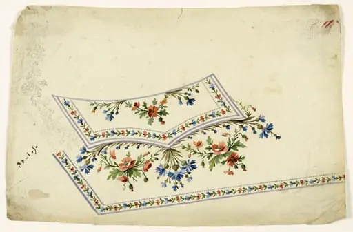 Composition florale de coquelicots et fleurs sauvages bleues, guirlandes de fleurs et frises de perles mauves, projets de broderies de gilet, XVIIIème siècle, by Anonyme