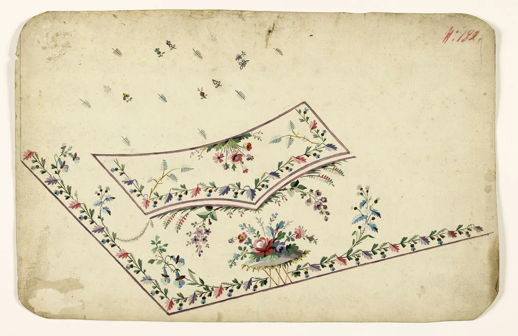 Composition florale sur tertre rocheux, frises de fleurs et de feuilles, projets de broderies de gilet, XVIIIème siècle, by Anonyme, 1750