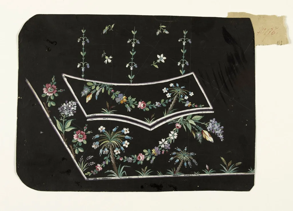 Composition sur fond noir avec palmiers fleuris, fleurs sur branches et guirlandes de fleurs, projets de broderies de gilet, XVIIIème siècle, by Anonyme, 1750
