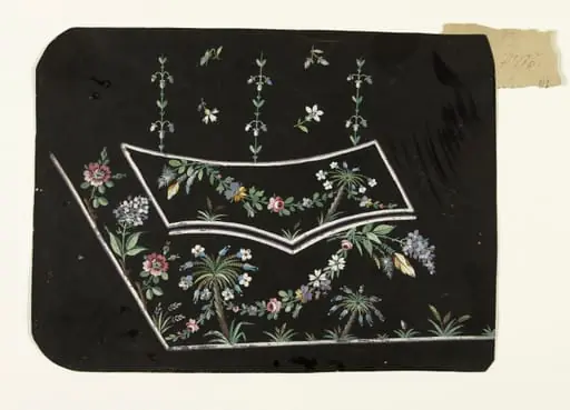 Composition sur fond noir avec palmiers fleuris, fleurs sur branches et guirlandes de fleurs, projets de broderies de gilet, XVIIIème siècle, by Anonyme