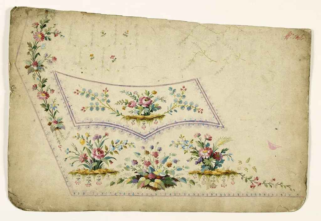 Compositions florales sur tertre et guirlandes de fleurs, projets de broderies de gilet, XVIIIème siècle, by Anonyme, 1750
