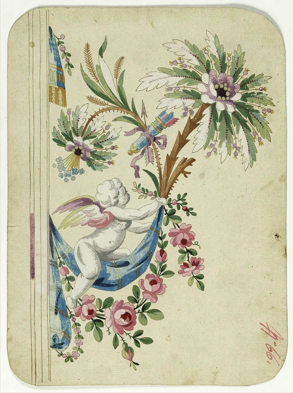 Décor de putti sur palmier, projets de broderies de gilet, XVIIIème siècle, by Anonyme, 1785