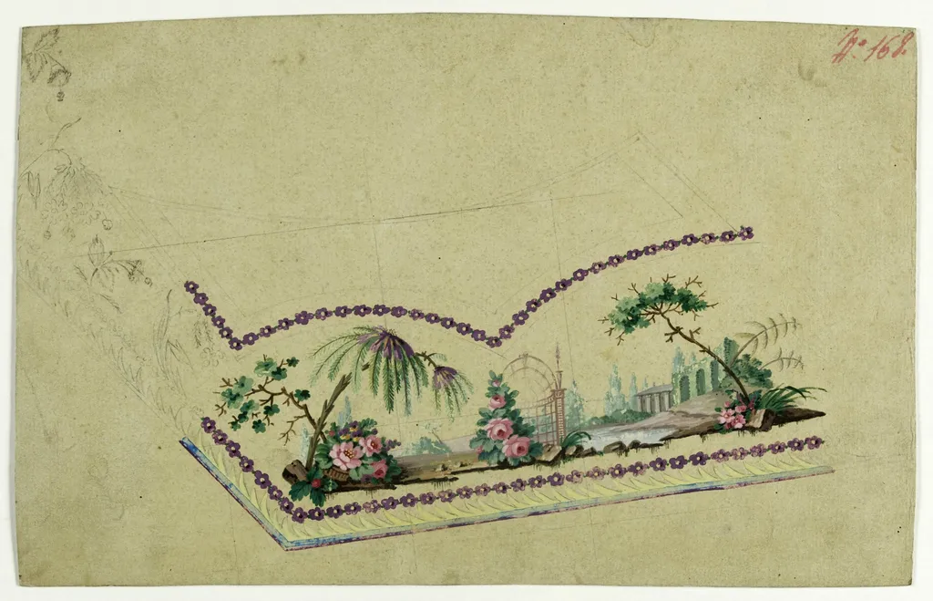 Décor paysage à bordure de violettes, projets de broderies de gilet, XVIIIème siècle, by Anonyme, 1750