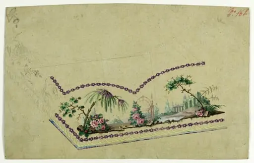 Décor paysage à bordure de violettes, projets de broderies de gilet, XVIIIème siècle, by Anonyme