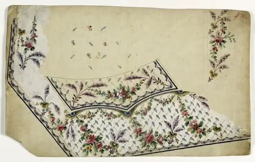 Gilet aux plumes mauves, au verso inversé gilet aux fleurs en forme de flèches, projets de broderies de gilet, XVIIIème siècle, by Anonyme