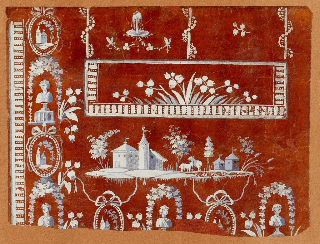 Gilet décor architectures rurales, projets de broderies de gilet, XVIIIème siècle, by Anonyme, unspecified, 1790