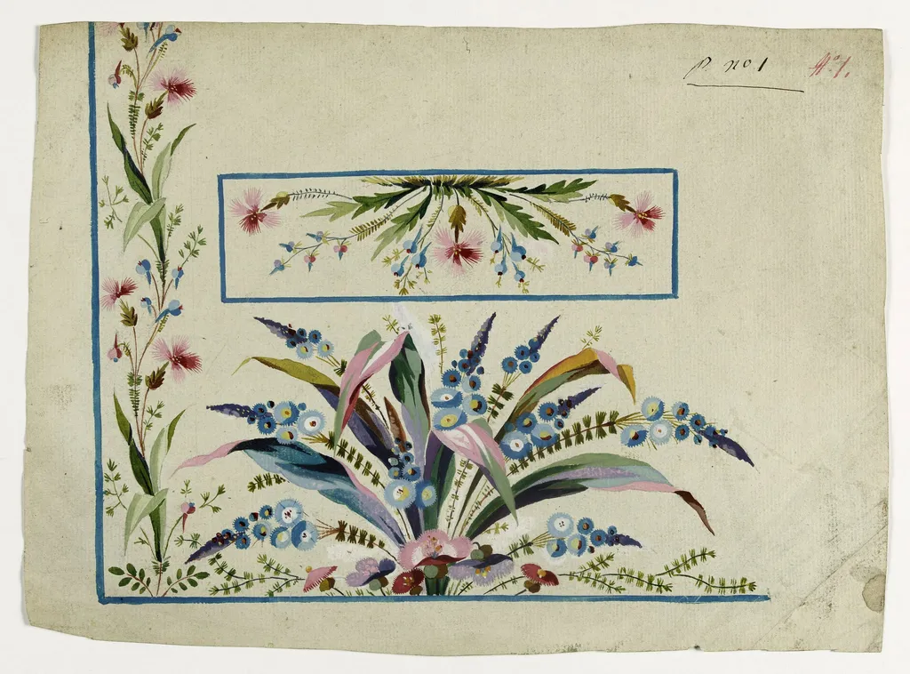 Gilet décor bouquet de bleuets et d'oeillets, projets de broderies de gilet, XVIIIème siècle, by Anonyme, 1750