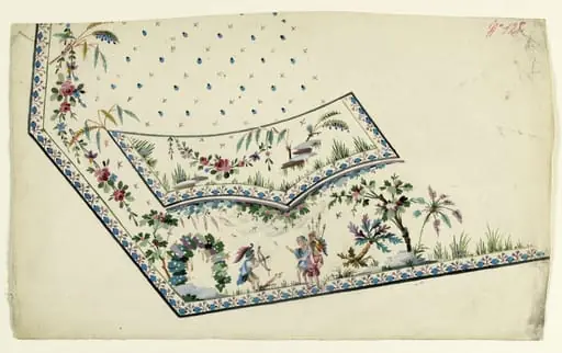 Gilet décor de paysage avec guerriers, projets de broderies de gilet, XVIIIème siècle, by Anonyme