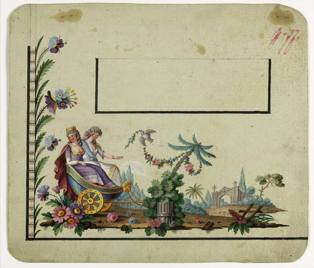 Gilet décor Didon en promenade sur un char, projets de broderies de gilet, XVIIIème siècle, by Anonyme, 1785