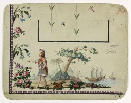 Gilet décor Enée aborde en Afrique ou en Italie [ ? ], projets de broderies de gilet, XVIIIème siècle, by Anonyme