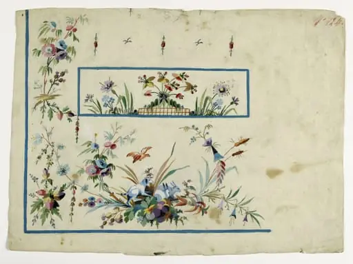 Gilet décor fleurs et fruits avec chien et lapins, projets de broderies de gilet, XVIIIème siècle, by Anonyme, 1785