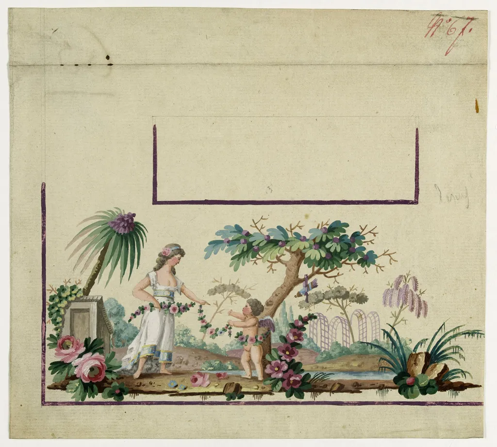Gilet décor la déesse Flore en conversation avec un amour, projets de broderies de gilet, XVIIIème siècle, by Anonyme, 1785