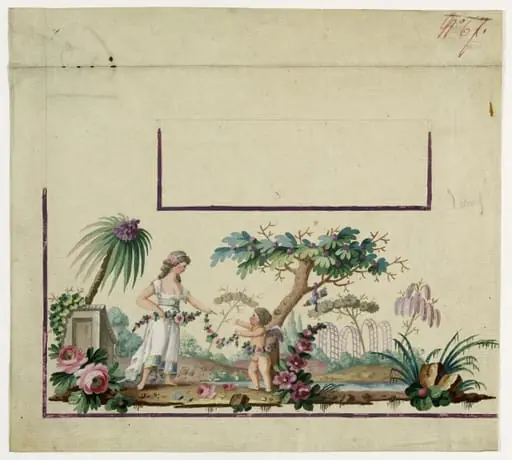 Gilet décor la déesse Flore en conversation avec un amour, projets de broderies de gilet, XVIIIème siècle, by Anonyme