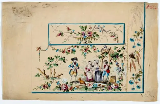 Gilet décor Louis Gillet parlant avec 2 paysans et leur fille, projets de broderies de gilet, XVIIIème siècle, by Anonyme, 1785