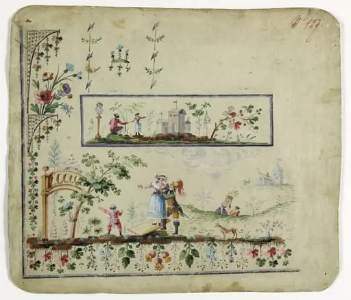 Gilet décor séduction entre un officier et une paysanne, projets de broderies de gilet, XVIIIème siècle, by Anonyme