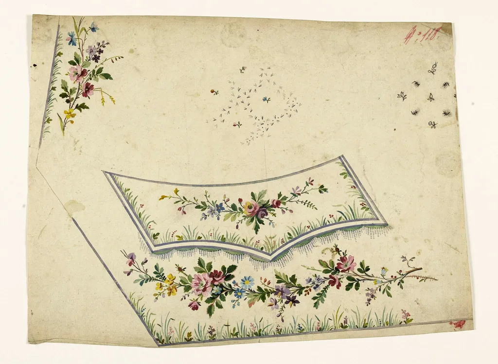 Guirlandes de fleurs et frise de franges perlées mauves, projets de broderies de gilet, XVIIIème siècle, by Anonyme, 1750