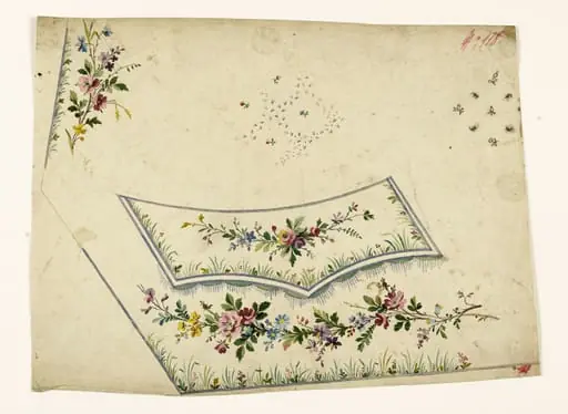 Guirlandes de fleurs et frise de franges perlées mauves, projets de broderies de gilet, XVIIIème siècle, by Anonyme