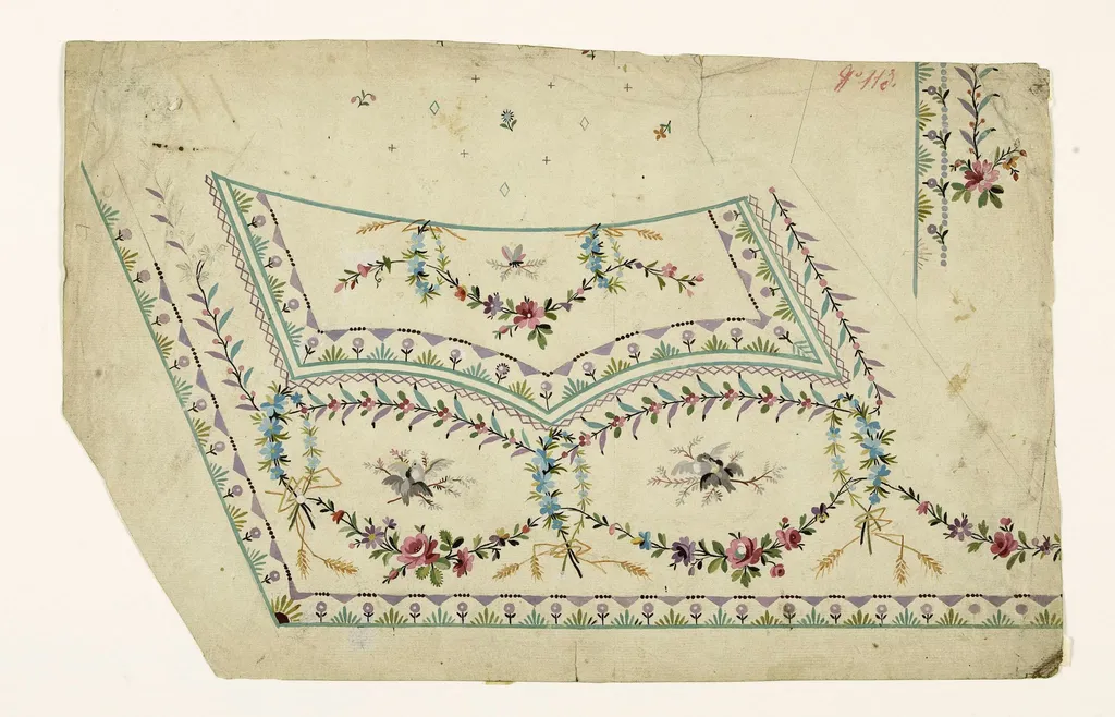 Scènes de becquées d'oiseaux dans des cartouches de fleurs et d'épis, frises de croisillons, de motifs géométriques et de fleurs stylisées, projets de broderies de gilet, XVIIIème siècle, by Anonyme, 1750