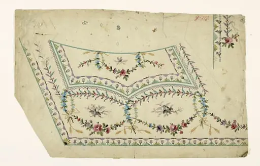 Scènes de becquées d'oiseaux dans des cartouches de fleurs et d'épis, frises de croisillons, de motifs géométriques et de fleurs stylisées, projets de broderies de gilet, XVIIIème siècle, by Anonyme