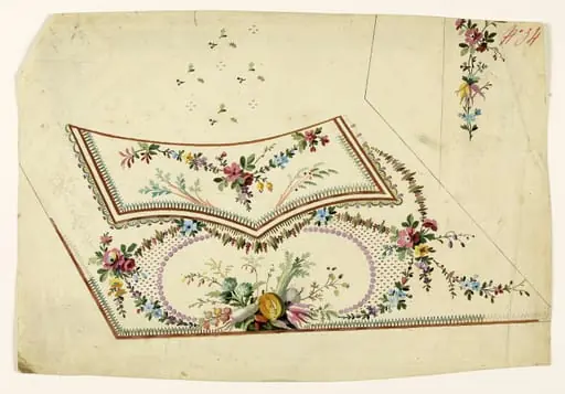 Trophée de fruits et légumes, guirlandes de fleurs et de pampres et frises de perles mauves, projets de broderies de gilet, XVIIIème siècle, by Anonyme