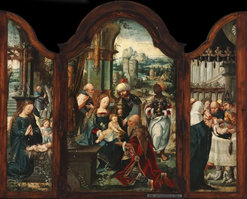 Triptych. Central panel: The Adoration of the Magi; left wing: The Nativity; right wing: The Circumcision, by Anonymous Antwerp Mannerist