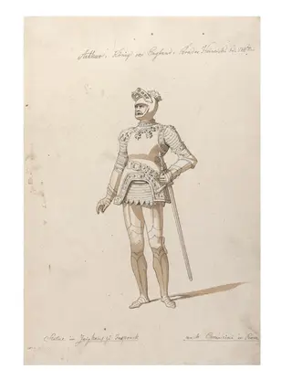 Anonymous drawing of the statue of King Arthur in the Hofkirche, Innsbruck.