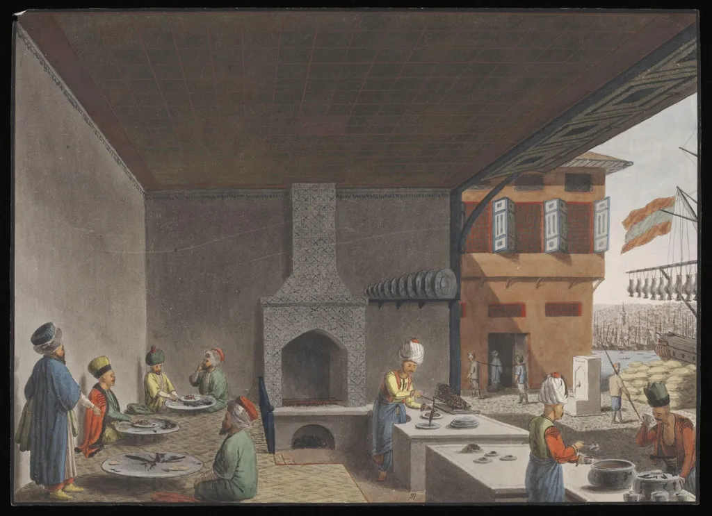 A kebab shop near the Yeni Cami, by Anonymous Greek artist, watercolor, 1809