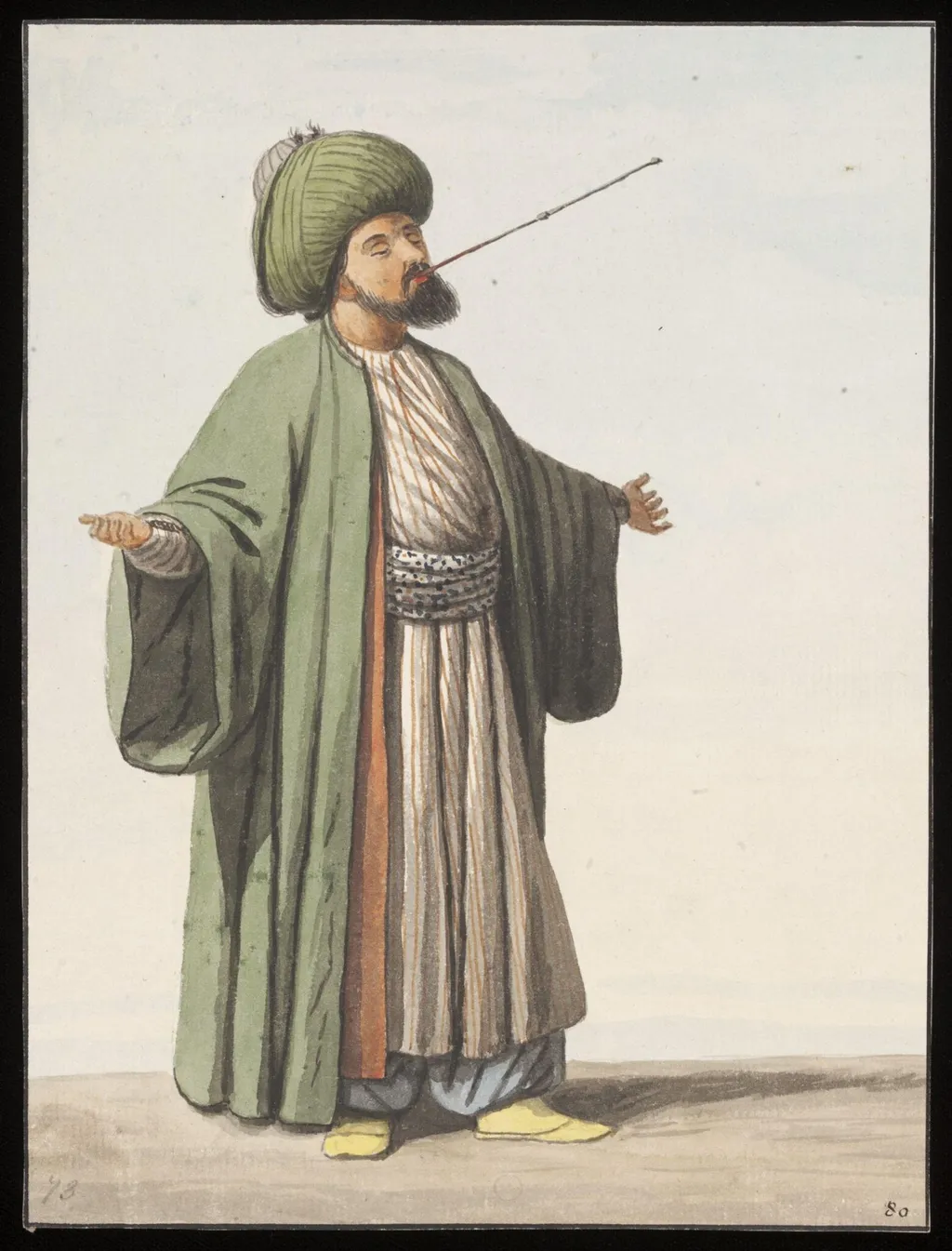 A Rufai dervish swallowing a red-hot skewer, by Anonymous Greek artist, watercolor, 1809