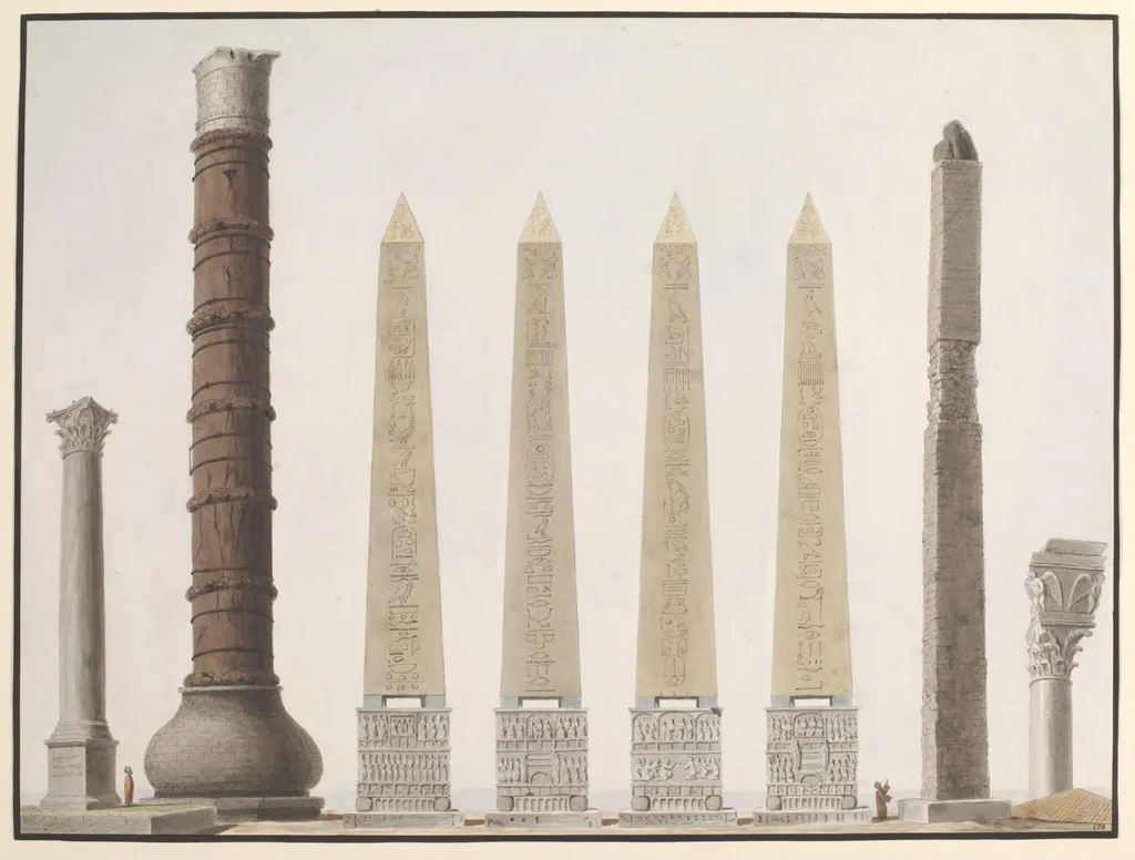An illustration showing the ancient columns and the Egyptian oblelisk, by Anonymous Greek artist, watercolor, 1809