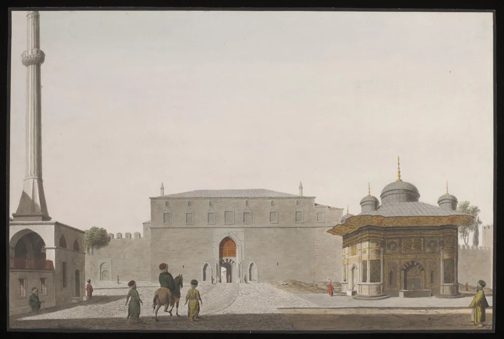 Bab-i-Hümayün (Imperial Gate) to Topkapi Sarayi, with the Fountain of Sultan Ahmet III, by Anonymous Greek artist, watercolor, 1809