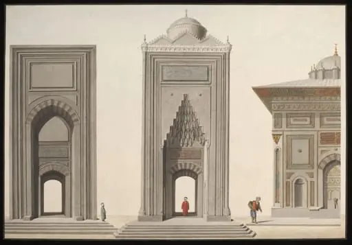 Elevations of two mosque portals, and part of the Hekimoglu Ali Pasha Fountain at Kabatas, by Anonymous Greek artist