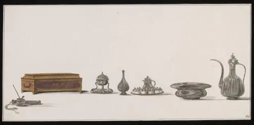 Illustration showing Ottoman domestic metalwork and a wooden inlaid box, by Anonymous Greek artist