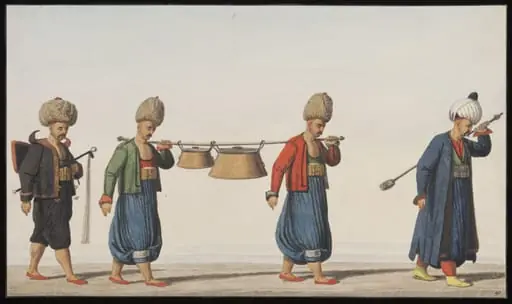 Janissaries with soup kettles and the regimental spoon, by Anonymous Greek artist