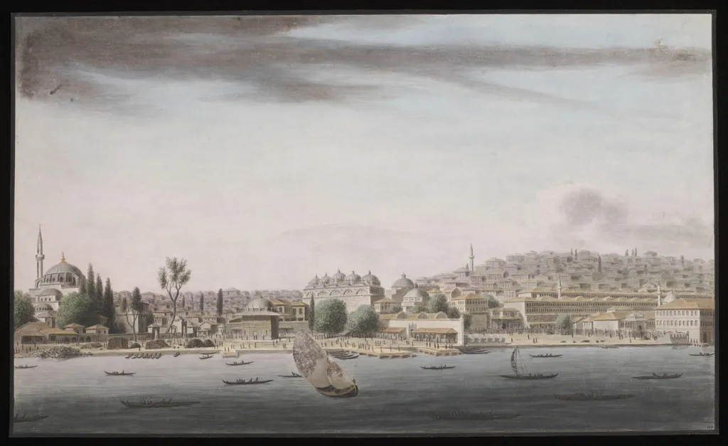 Panoramic view of the buildings on the shore at Tophane, by Anonymous Greek artist, watercolor, 1809