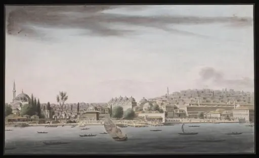 Panoramic view of the buildings on the shore at Tophane, by Anonymous Greek artist