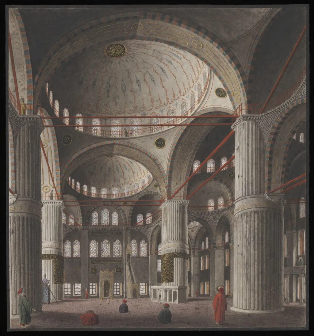The interior of Sultan Ahmet Camii, by Anonymous Greek artist, watercolor, 1809