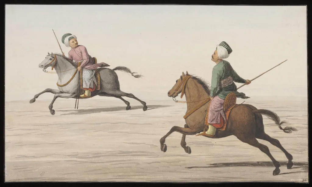 Two men playing the game of Cirid, by Anonymous Greek artist, watercolor, 1809