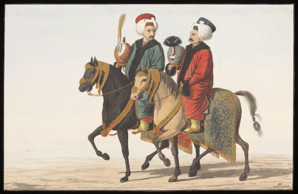 Two Royal Turban-Bearers on horseback, by Anonymous Greek artist, watercolor, 1809