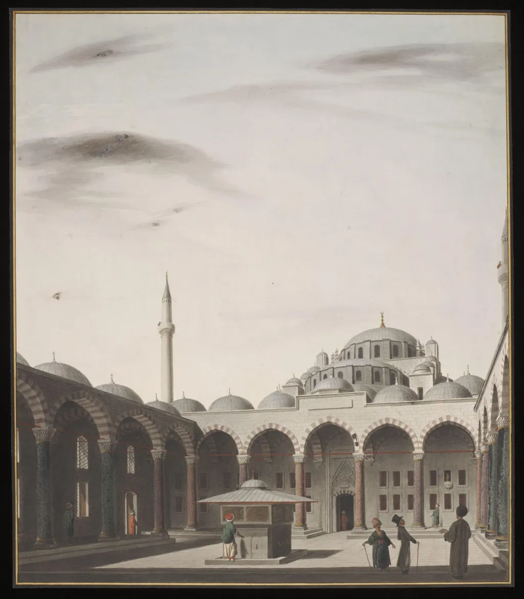 View of the Courtyard of the Fatih Mehmet Camii, by Anonymous Greek artist, watercolor, 1809