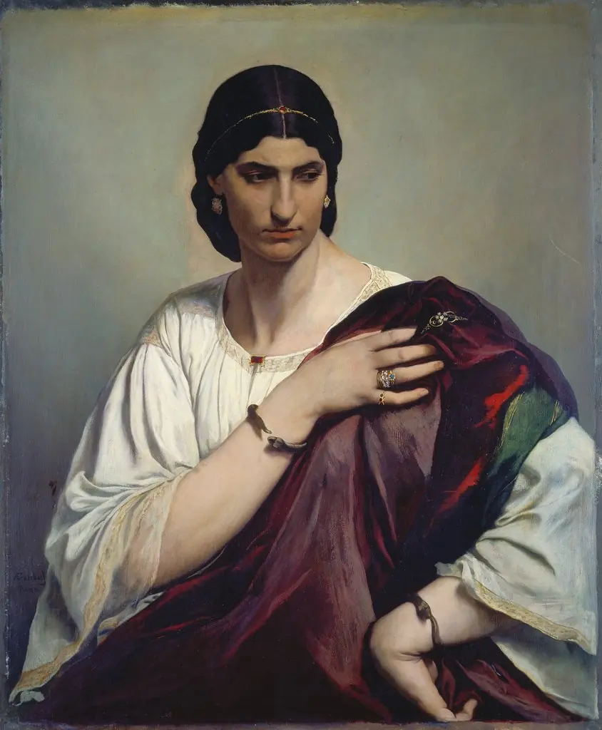 Lucrezia Borgia; Portrait of a Roman woman in white tunic and red robe, by Anselm Feuerbach