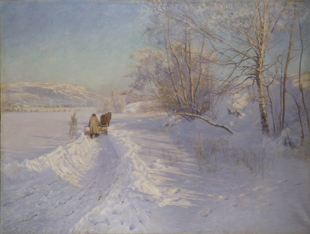 A Winter Morning after a Snowfall in Dalarna, by Anshelm Leonard Schultzberg, oil, 1897