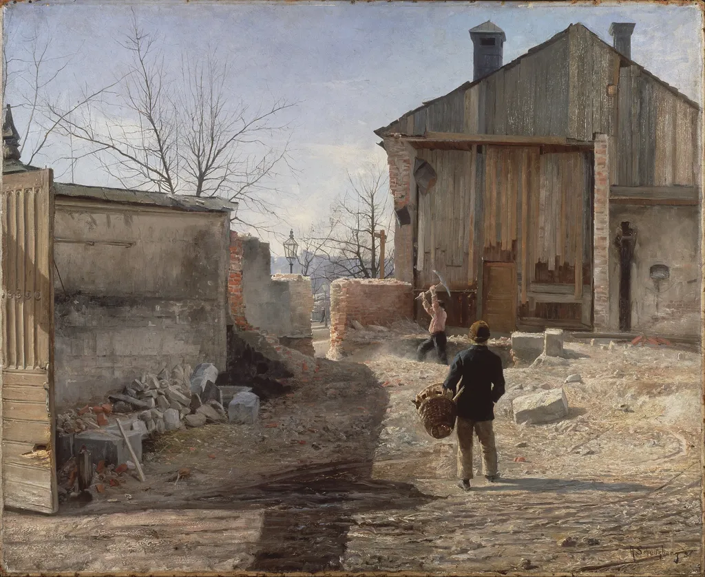 Demolishing the Old Orphanage, Stockholm, by Anshelm Leonard Schultzberg, oil, 1894