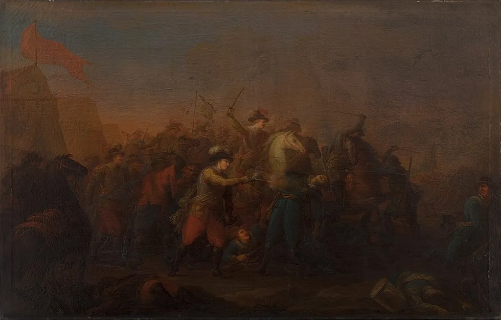 Batalje mellem danske og svenske under Kalmarkrigen 1611-1613, by Anthon Christoffer Rüde, oil, 1793