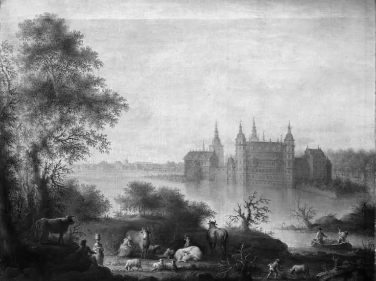 Prospekt af Frederiksborg Slot, by Anthon Christoffer Rüde, oil, 1802