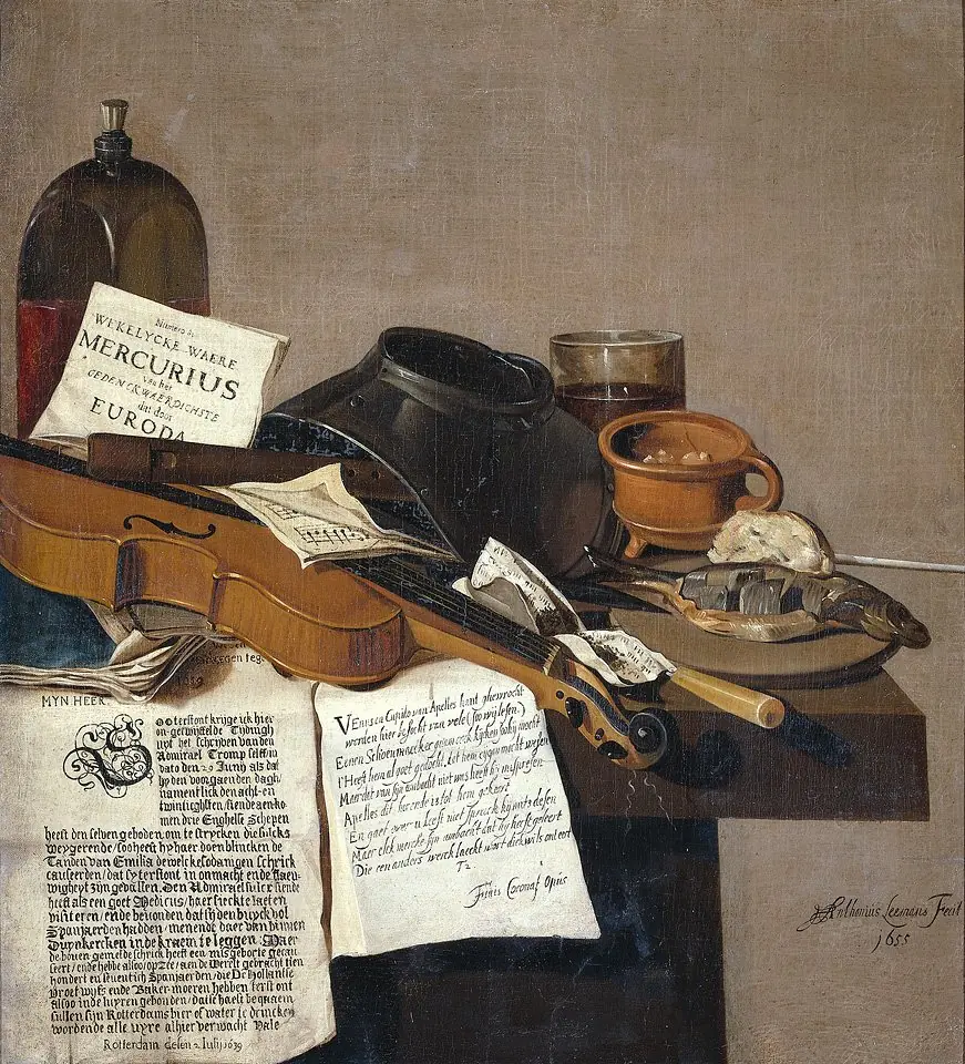 Still life with a copy of De Waere Mercurius, a broadsheet with the news of Tromp's victory over three English ships on 28 June 1639, and a poem telling the story of Apelles and the cobbler, by Anthonie Leemans