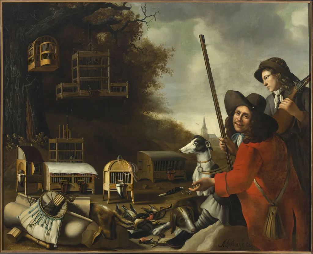 Two huntsmen with dogs and trophies, by Anthonie Leemans, oil, 1670